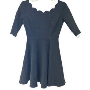 Lulu’s Black Scalloped Neck 3/4 Sleeve Fit and Flare Skater Dress-S